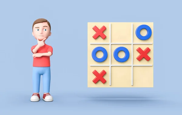 Personagem de desenhos animados 3D jovem e jogo Tic-Tac-Toe em fundo azul — Fotografia de Stock