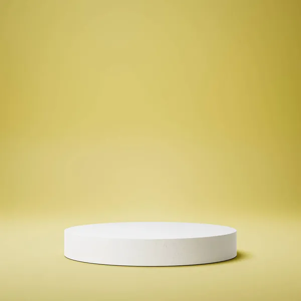 Biały cylindryczny wyświetlacz produktu na żółtym tle — Zdjęcie stockowe