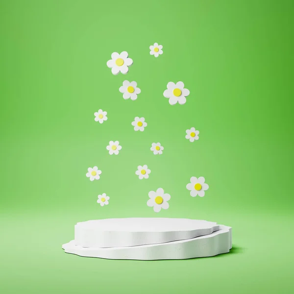 Fehér lekerekített termék kijelző talapzat virágokkal zöld háttér — Stock Fotó