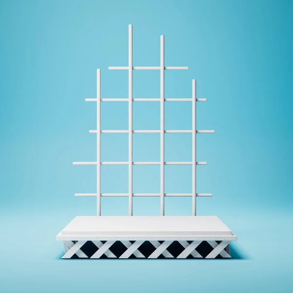 Vit fyrkantig produktvisning Podium på blå bakgrund med Net Decoration — Stockfoto