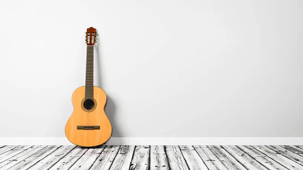 Classical Guitar Wooden Floor Light Gray Wall Copy Space Render — Stok fotoğraf