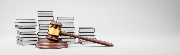 Judges Gavel Stacks Books Light Gray Background Copy Space Render — Stockfoto