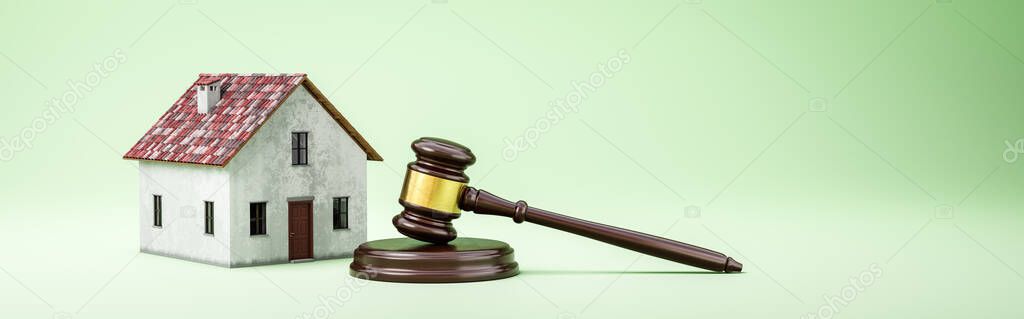 Judges Gavel and House on Green Background with Copy Space 3D Render Illustration