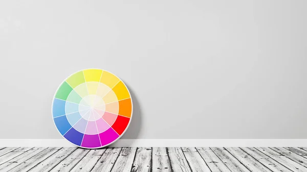 Ryb Color Wheel Wooden Floor Gray Wall Copy Space Render — 스톡 사진