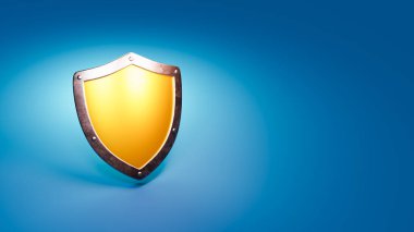Yellow Metallic Shield Shape on Blue Background with Copy Space 3D Render Illustration