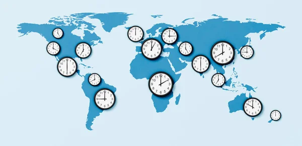Blue World Map with Clocks 3D Render Illustration, Time Zones Concept
