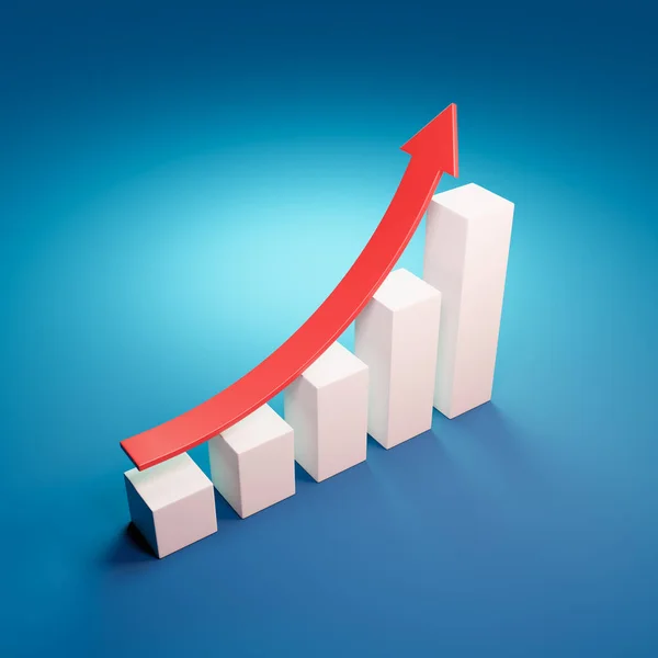 Növekvő Bar Chart Növekvő Piros Nyíl Illusztráció Kék Háttér — Stock Fotó