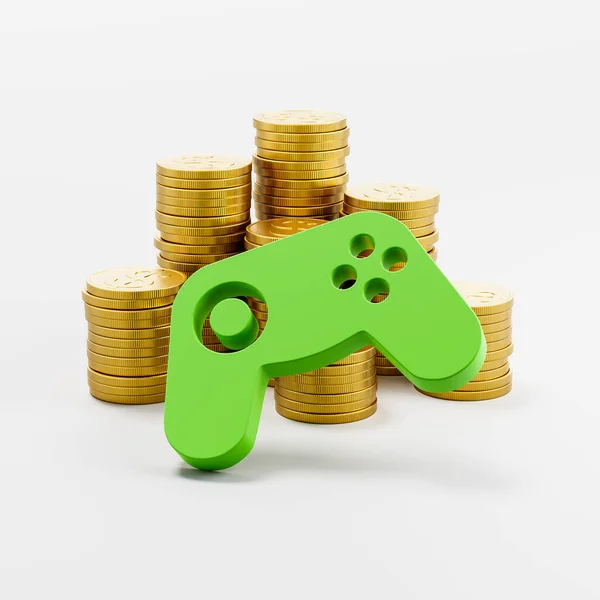 ゲームパッドコントローラの形状は ライトグレーの背景に黄金のコインのスタックの前に3Dレンダリングイラスト — ストック写真