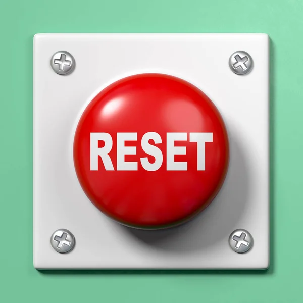 Rode Knop Met Reset Tekst Tegen Een Groene Achtergrond Weergave Stockfoto