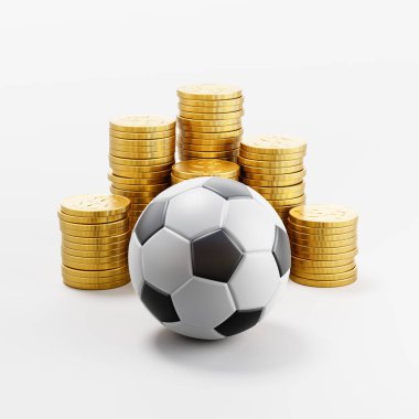 Açık Gri Arkaplanda Altın Para Yığını Önünde Klasik Siyah ve Beyaz Futbol Topu 3B Görüntü