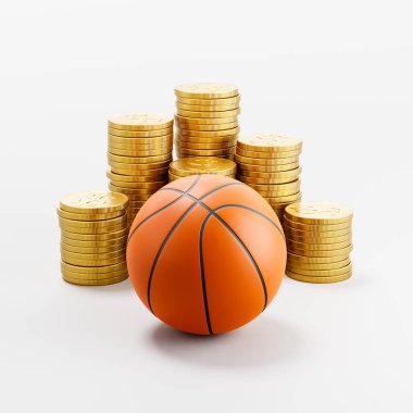 Açık Gri Arkaplanda Altın Para Yığını Önünde Basketbol Topu 3B Görüntü