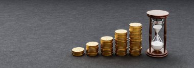 Koyu Arkaplanda Yükselen Altın Para Yığını Kopya Alanı, Yatırım Konsepti ile Klasik Tahta Kum Saati 3B Çizim İllüzyonu