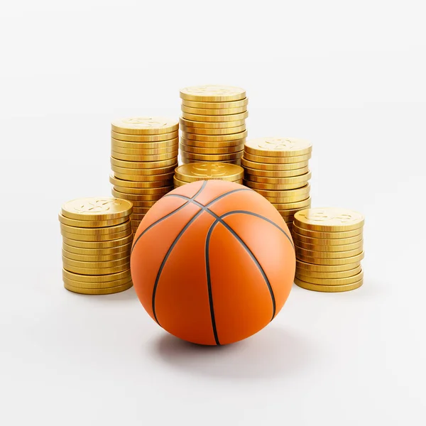 ライトグレーの背景に金色のコインのスタックの前にバスケットボールボール3Dレンダリングイラスト — ストック写真