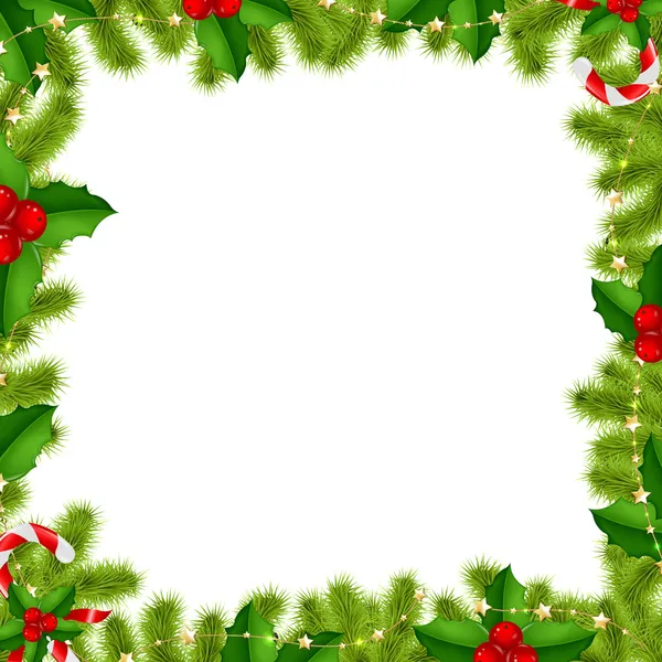 Altın yıldızlar ve holly berry ile sınır köknar ağacı dalları