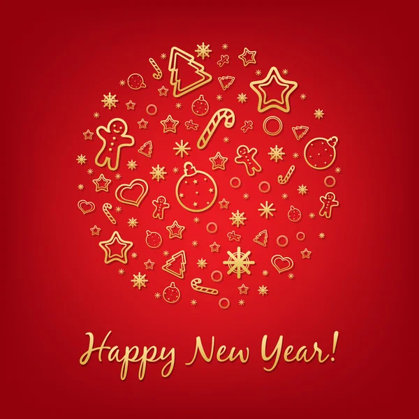 Kırmızı mutlu yeni yıl kartı simgeleri ile — Stok Vektör
