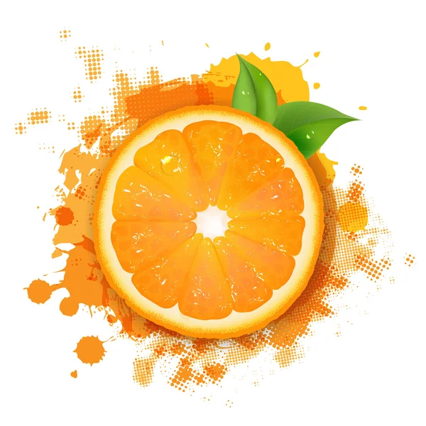 Oranžová s oranžovou blob a zelenými listy — Stockový vektor