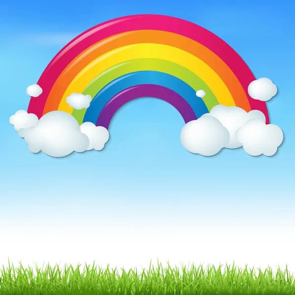 Colore Arcobaleno con nuvole ed erba — Vettoriale Stock