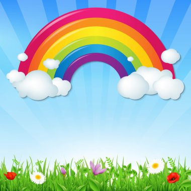 Color Rainbow With Clouds Grass And Flowers