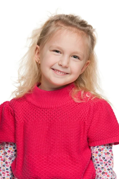 Closeup portret van een klein meisje in het rood — Stockfoto