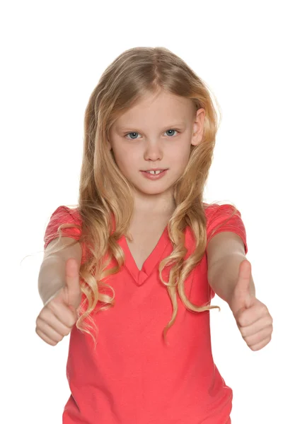 Scandinavian girl holds her thumbs up — Stock Photo, Image