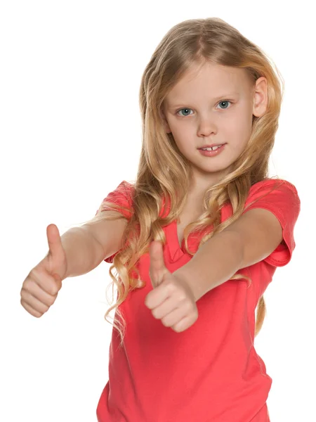 Menina muito nórdica segura os polegares para cima — Fotografia de Stock
