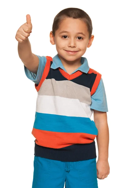 Smiling boy in striped shirt holds his thumb up — Stock Photo, Image