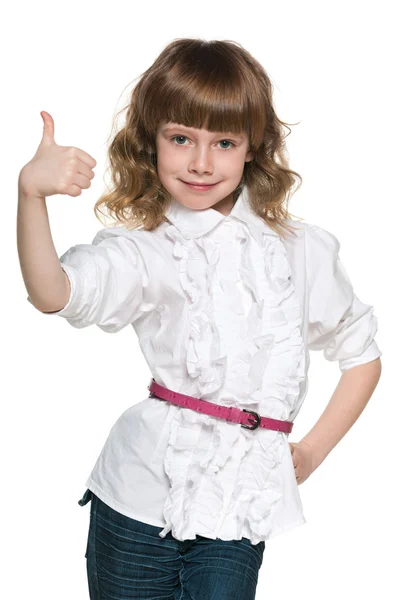 Pretty smiling girl holds thumb up — Stock Photo, Image