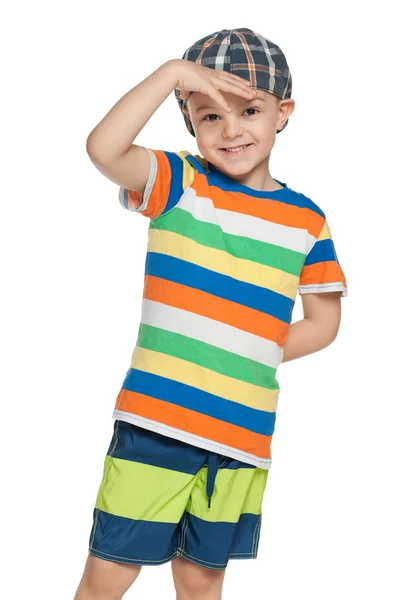 Fashion little boy in cap looks forward — Stock Photo, Image