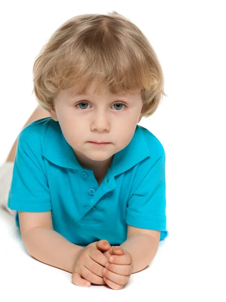 Thoughtful preschool boy on the white background — Stock Photo, Image