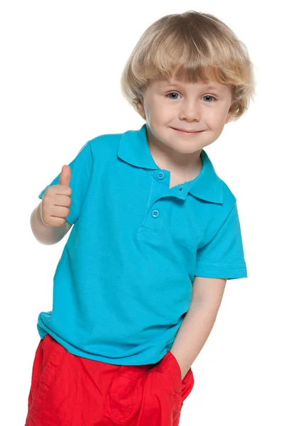 性格开朗的金发小男孩穿蓝色衬衫 — 图库照片