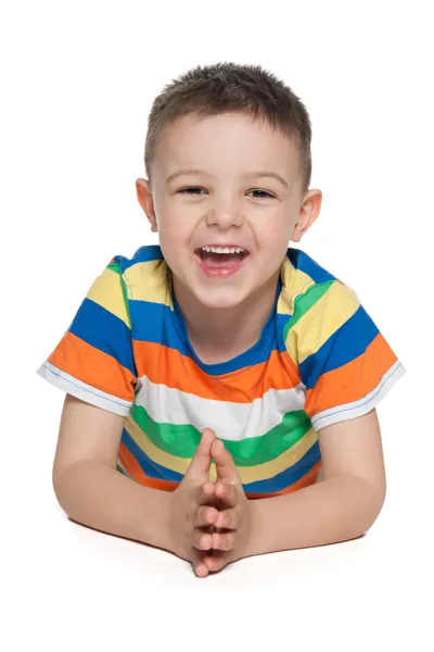 Riéndose niño preescolar en el blanco — Foto de Stock