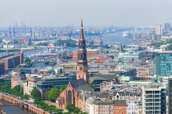 Aerial view of Hamburg port in a summer day