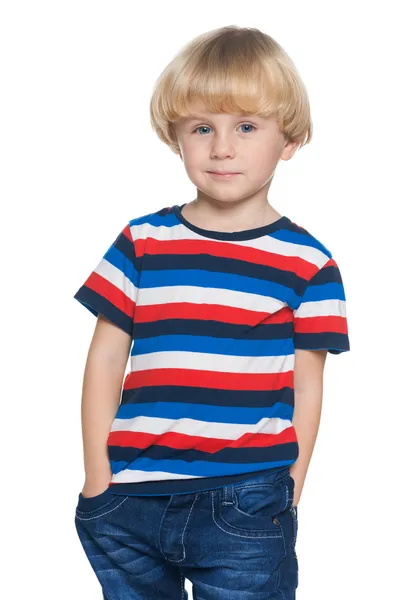 Joyful little boy in striped shirt — Stock Photo, Image