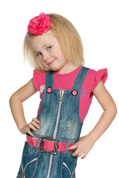 Little girl in jeans dress — Stock Photo, Image