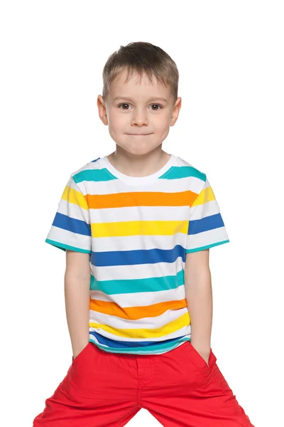 Joyful little boy in striped shirt — Stock Photo, Image