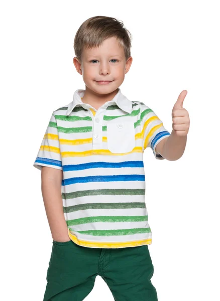 Smiling boy holds his thumb up — Stock Photo, Image