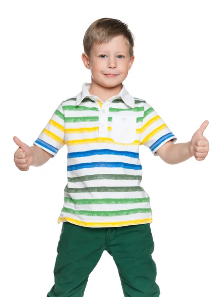 Smiling boy holds his thumbs up — Stock Photo, Image