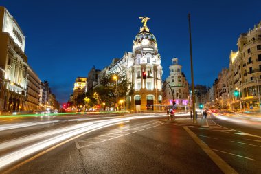 Alcala and Gran Via street in Madrid by night clipart
