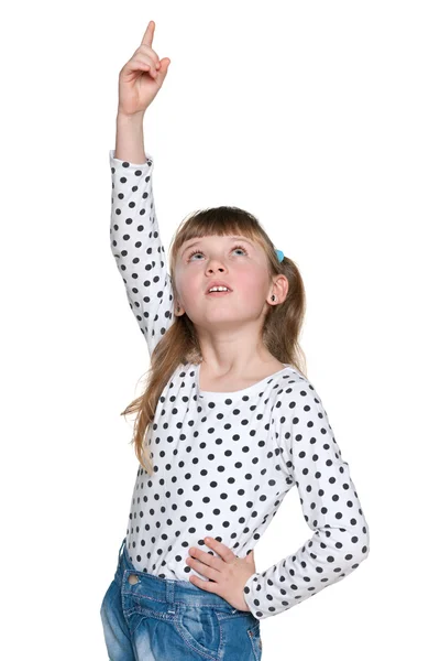 Menina Pensiva mostrando o dedo para cima — Fotografia de Stock