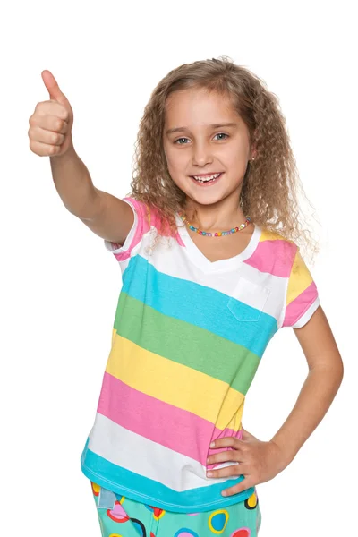 Smiling girl holds her thumbs up — Stock Photo, Image