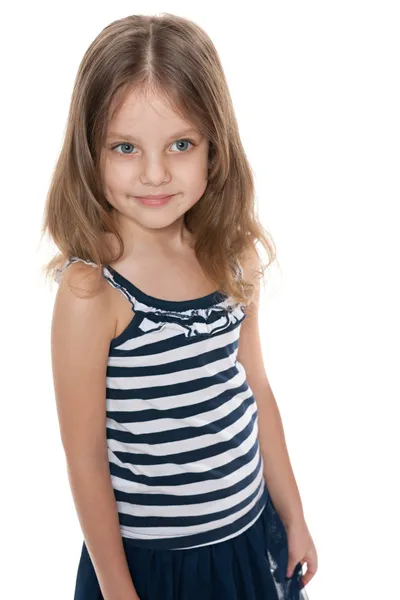 Doordachte meisje tegen de witte achtergronddüşünceli küçük kız beyaz arka planı — Stockfoto