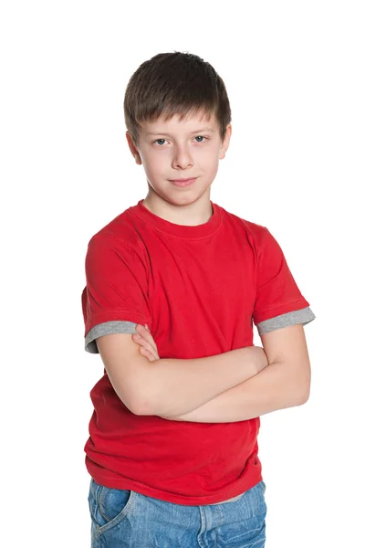 Vertrouwen jonge jongen in het rode shirt — Stockfoto