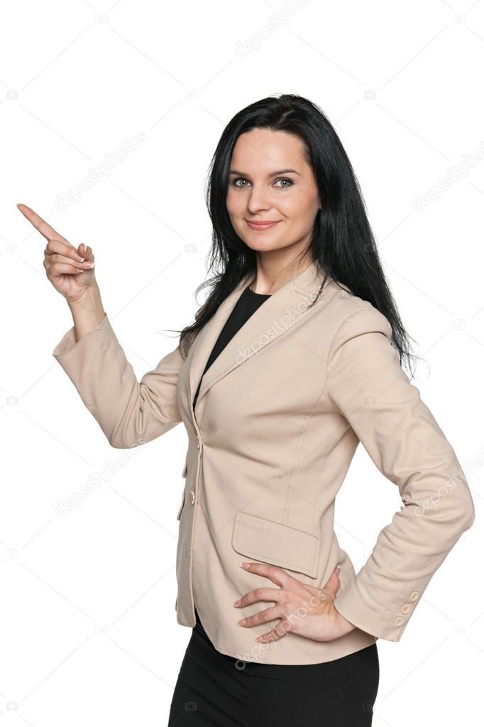 Woman shows her finger to the side