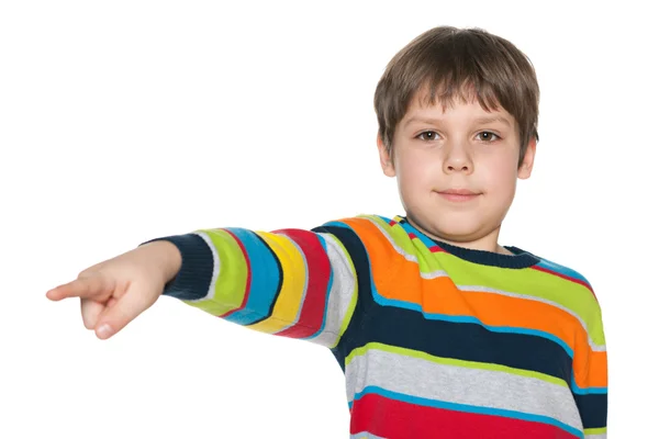 Little boy shows his finger aside — Stock Photo, Image