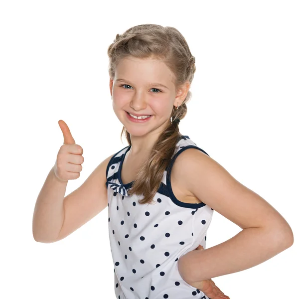 Blond ung tjej med hennes tumme upp — Stockfoto
