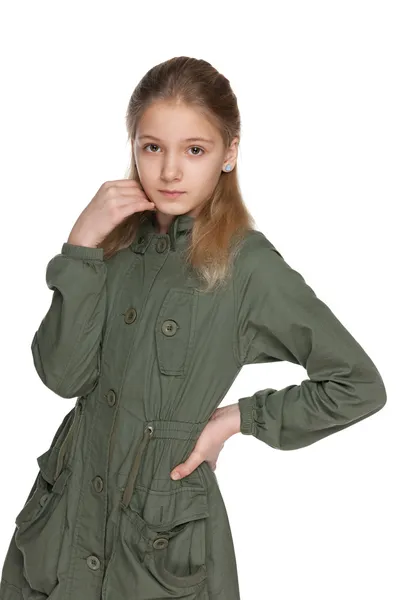 Pensive preteen girl in the jacket — Stock Photo, Image