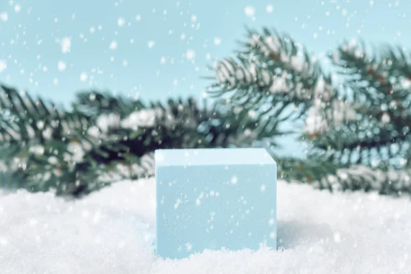 Zimní Vánoční Pozadí Pódiem Pro Prezentaci Produktu Kubický Podstavec Sněhové — Stock fotografie
