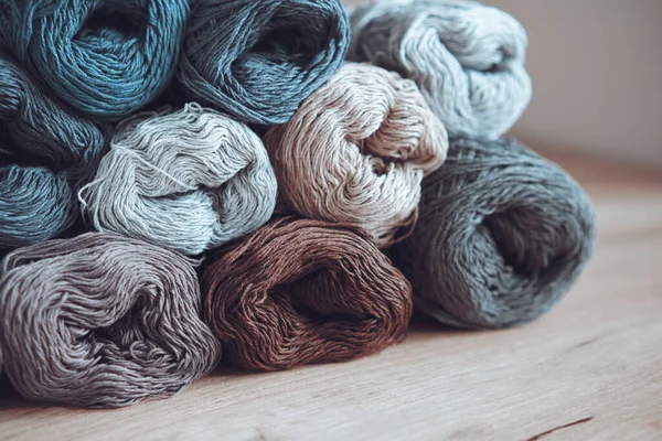 Stacked Skeins Cotton Yarn Different Colors Yarn Knitting Needles Crochet — Fotografia de Stock