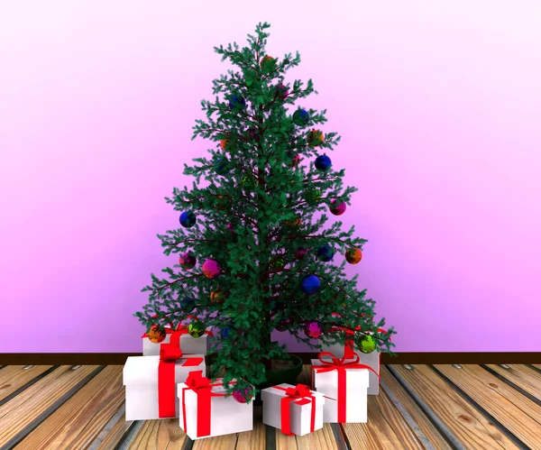 Vánoční pozadí s zdobené vánoční stromeček — Stock fotografie