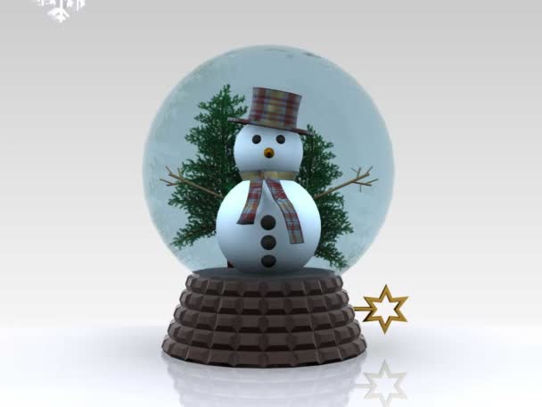 Bonita bola de vidrio con muñeco de nieve saluda - 3D — Vídeo de stock